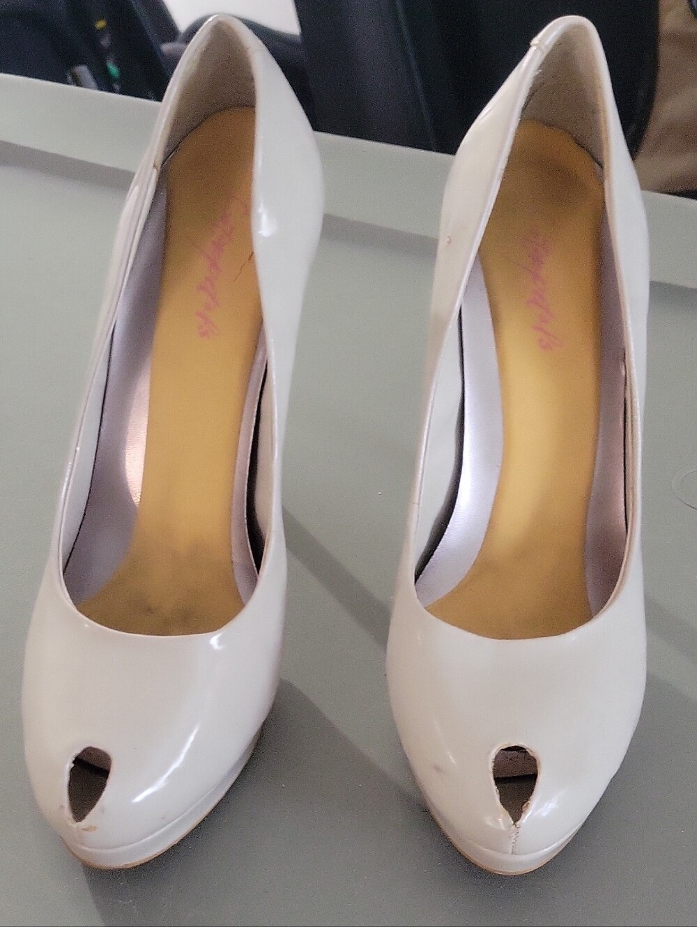 BCBG Paris Cream Patent Peep-Toe Heels